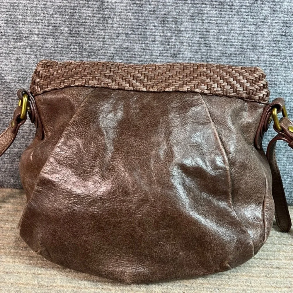 Elliott Lucca Brown Leather Woven Flap Crossbody Bag Antique Brass Hardware